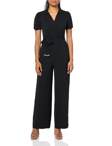 Image of DKNY Women's Belted Polo Collar Ruched Sleeve Jumpsuit