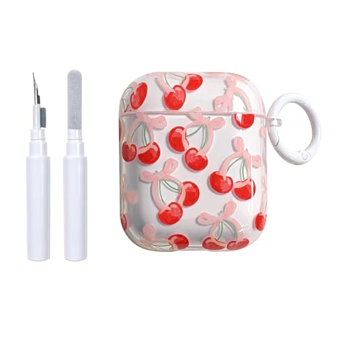 Reownest per Airpods 2a/1a Generazione con Kit Pulizia, Design Estetico con Motivo Fiocco Ciliegia, Cover Protettiva con Ciondolo Shockproof per Cuffie Airpods 2 & 1 - Rosso