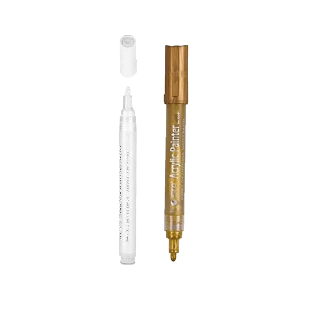 2PCS Water-Based Acrylic Paint Medium Marker Pens Permanent for Rocks Painting, Ceramic, Glass, Wood, Fabric, Canvas, Mugs, DIY Craft Making Supplies (SET OF 2) (WHITE/GOLD)