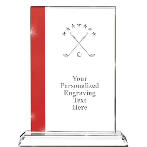 Golf Ball & Clubs Custom Crystal Trophy, 8" Ruby Red Florence Golfing Personalized and Engraved Crystal Awards