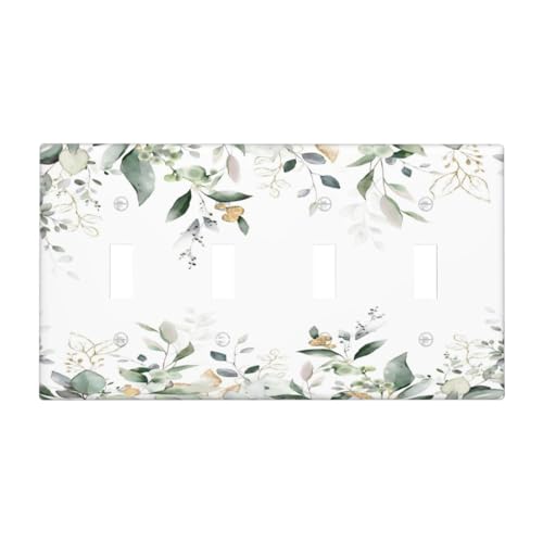 Decorative Switch Plate Covers Rustic Ink Green Eucalyptus Leaves Sage leaf 4 Gang Light Switch Cover Plate Quad Toggle Wall Plate Light Switch Covers for Country Bedroom Home Decor