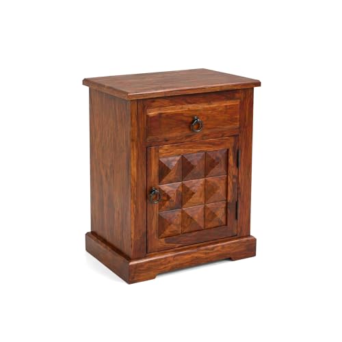 Image of SONA ART & CRAFTS Diamond Solid Sheesham Wood Bedroom Set | Queen Size Bed Without Storage, Wardrobe, Cabinet with Mirror & Two Bedside Tables - Natural Finish (Assembly Included)
