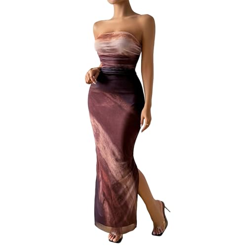 Image of LIGHT DOT Women's Summer Maxi Dress Tie Dye Strapless Tube Bodycon Side Slit Mesh Layered