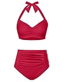 Holipick Red Crimson Women High Waisted Bikini Set Two Piece Swimsuit Tummy Control Bathing Suit Vintage Halter Swimwear L