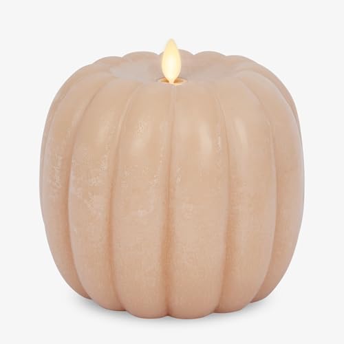 Image of Luminara Tall Pumpkin Figural Flameless Flickering Moving Flame LED Candle (5.7 inch x 5.5 inch), Chalky Finish Real Unscented Wax, Time Function (Irish Cream)