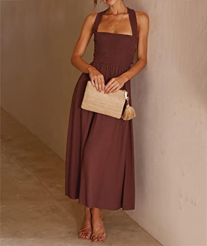 Image of Sexyshine Women's Square Neck Halter Lace Up Criss Cross Maxi Dress Tie Back Sleeveless Smocked Ruched A Line Dress