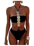 WDIRARA Women's Halter One Piece Swimsuit Metal Decor Cut Out Monokini Open Back Swimwear Black Medium