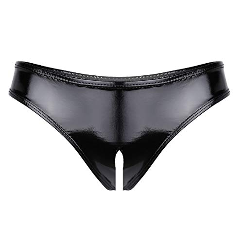 Freebily Lingerie Wetlook Femme Sexy String Tanga Cuir Verni Zip Crotch sous-vêtements Femme Caleçons Slip Bikini Zipper Taille Basse S-XL (M, Noir Trou)