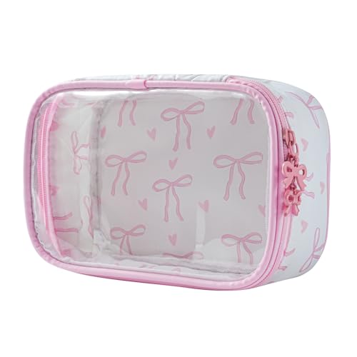 Cute Clear Makeup Bag with Bow Pattern,Transparent Nylon Travel Cosmetic Case with Zipper,Portable Makeup Organizer Pouch for Essentials(01Pink)
