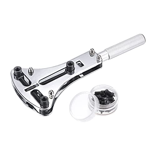 sourcing map Reloj Atrás Cubierta Llave Abridor, 55mm Ajustable Caja Extracción Herramienta, Cromo Acero para Reloj Reparación con 18 Brocas, Plateado Tono