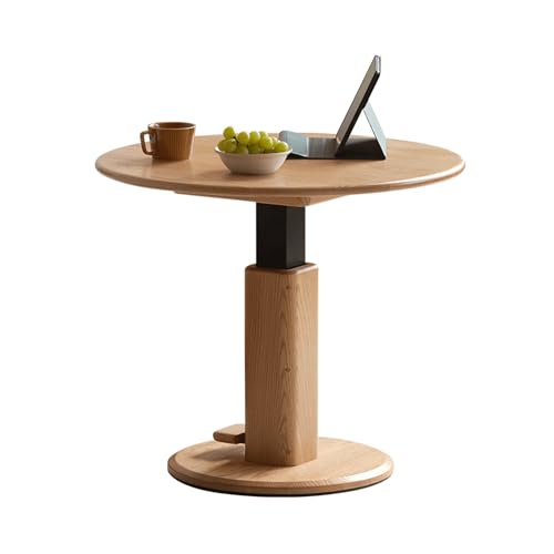 YESWOOD Table Basse Relevable Ronde en Chêne Massif, Plateau Réglable 49-74 cm, Design Moderne, Table Ronde en Bois Massif pour Salon, Bureau, Repas, 70 x 70...