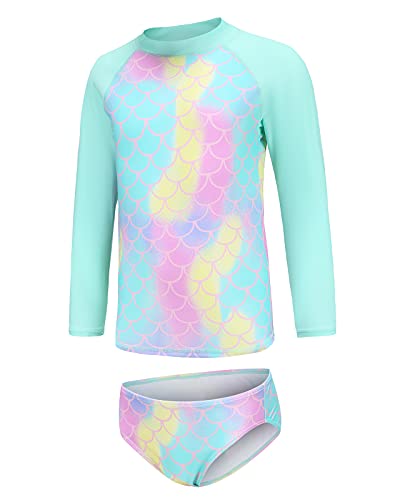 Image of Girls Two Piece Rash Guard Swimsuits Set Long Sleeve Bathing Suit with UPF 50+ Sun Protection Kids Sunsuits Swimwear Set