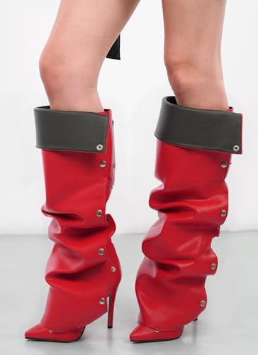 Image of Women's Knee High Shark Boots Pointed Toe High Heels Ruched Stiletto Slouchy Party Boots Detachable Snap-off Panel