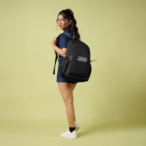 Image of Tommy Hilfiger Student School Bag & University Backpack Coral - Black | Durable Water-Resistant Polyester with Premium Embroidery | Multi-Utility Organiser & Rain Cover | 33L Capacity