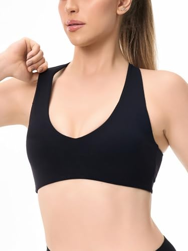 Women's V Neck Sports Bra Wide Straps Cross Back Light Compression Padded Workout Yoga Top3
