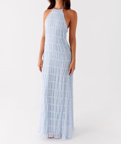 Image of Argeousgor Women Halter Neck Backless Summer Dresses 2025 Sleeveless Tiered Ruffle A-Line Flowy Cocktail Party Maxi Dress
