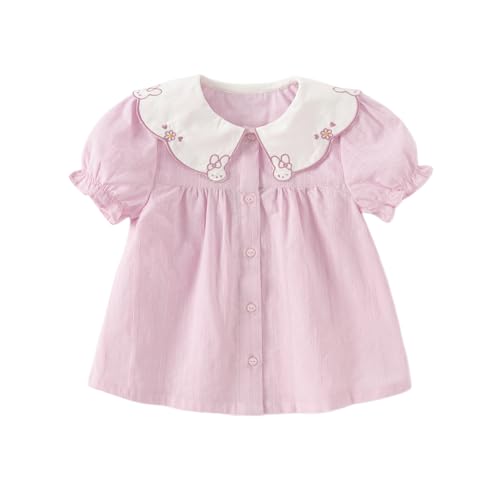 DAVE&BELLA Girls Button Down Shirt with Doll Collar Summer Crop Tops Ruffle Short Sleeve Shirt Blouse with Rabbit Embroidery