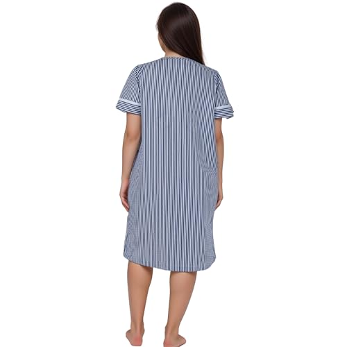 Image of Women's Short Sleeve Woven Snap-Front Closure Striped Embroidery Housecoat Duster Nightgown with Front Pockets