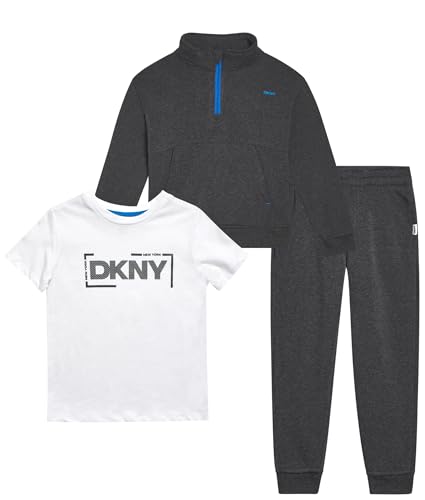 DKNY Toddler Boys' Sweatsuit Set - 3 Piece Short Sleeve Graphic Tee, Quarter-Zip Sweatshirt, and Jogger Sweatpants (2T-7)