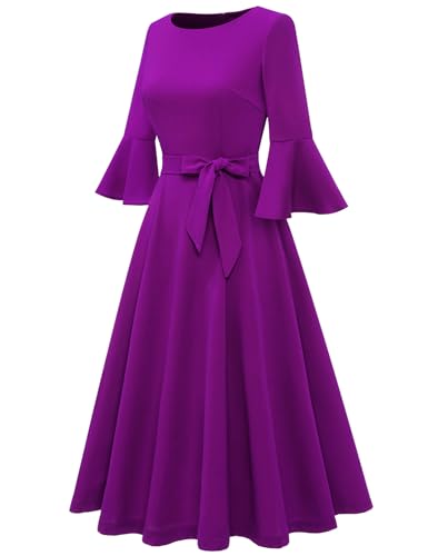 Image of HomRain Women's Church Dresses Modest Bell Sleeve Wedding Guest Cocktail Tea Party Vintage Evening Dress