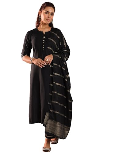 Image of Gerua by libas Solid Silk Blend Straight Kurta With Trousers and Dupatta