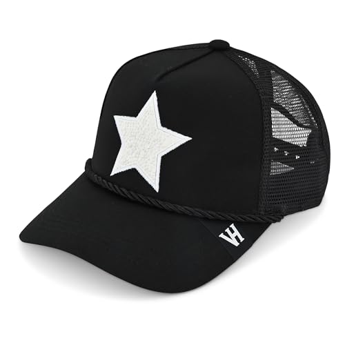 VINTAGE HAVANA Black Trucker Hats Women White Pearl Embellished Star & Rope | Mesh Adjustable Snapback Hat | Men Women Baseball Cap