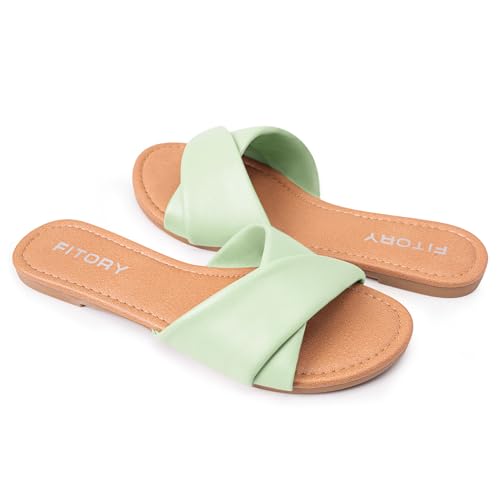 Image of FITORY Women's Flat Sandals Fashion Slides With Soft Leather Slippers for Summer Size 6-11