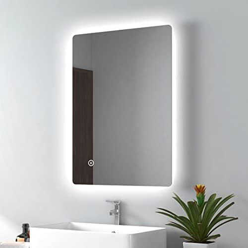 EMKE LED Backlit Bathroom Mirror with Bluetooth, 500x700mm Wall Mounted Multifunction LED Bathroom Vanity Mirror with Shaver Socket | LED Lights | Demister Pad
