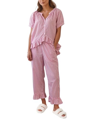 Image of Gihuo Gingham Pajama Set for Women 2 Piece Plaid Cotton Button Down Top and Pants Ruffle Babydoll Pjs Lounge Sets