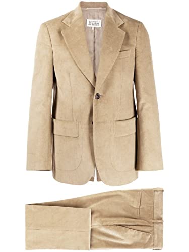 Men Corduroy 2 Pieces Ivory Beige Striped Notch Lapel Two