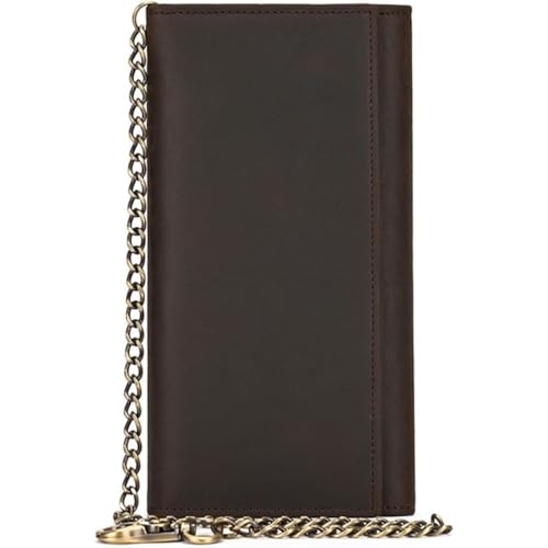 Genuine Leather Wallet for Men Long Trifold Biker Chain Wallet with RFID Blocking Anti Theft Design for Motorcycle Riding Daily Use or Gifts (Brown)