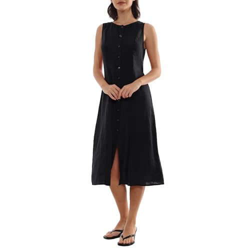Robe longue en lin Amazhiyu épurée sans manches et boutons chic