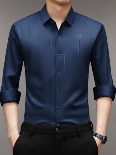 Image of IndoPrimo Men's Regular Fit Satin Designer Shirt with Stylish Vertical Line Sequence | Long Sleeve Formal & Casual Button Down Shirt for Casual and Party Look