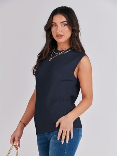 ANRABESS Suéter feminino de malha com gola falsa, casual, sem mangas, verão, moderno, com nervuras,