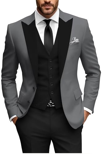 HUUTOE Grey Mens Suit 3 Piece Slim Fit Grey and