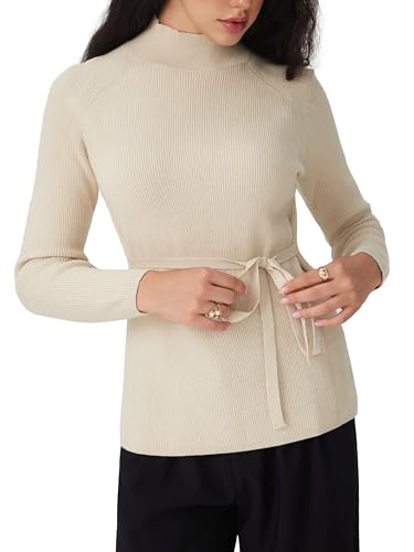 CIDER Women's Mock Neck Sweater with Tie Waist Elegant Long Sleeve Casual Knit Top3