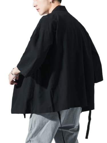 Image of Men's Japanese Kimono Cardigan Loose Cotton Linen 3 /4 Sleeve Open Front Casual Summer Shirt Jackets