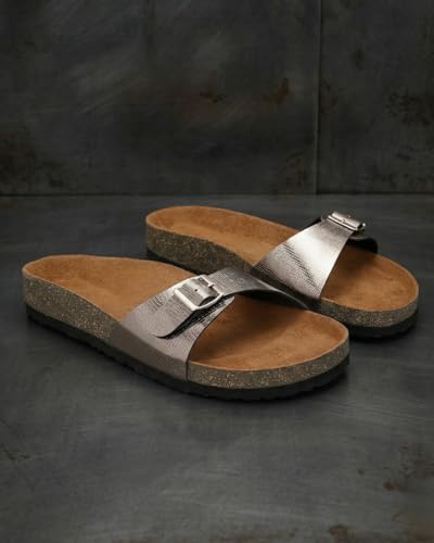 Image of LYDC London Women's Gunmetal L Grain Metallic Flat Sandals | Party Flats