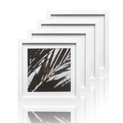 VUVUZULA 10x10 Inch Square Picture Frames White Set of 4 Photo Frame with Mount for 8x8 Inch Photo with Real Glass