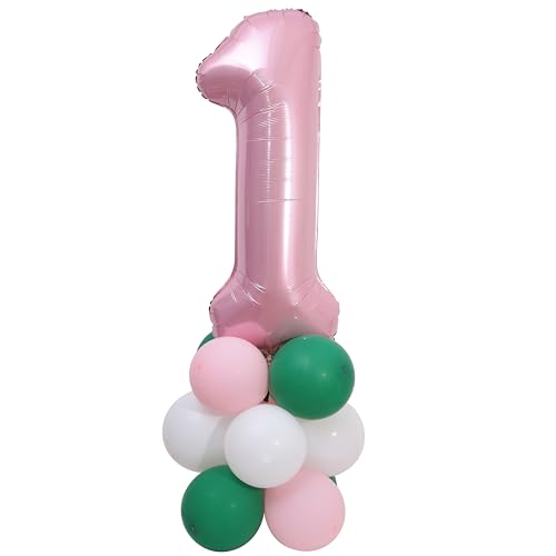 Tour de ballons rose et vert de 1ère année pour photo de gâteau