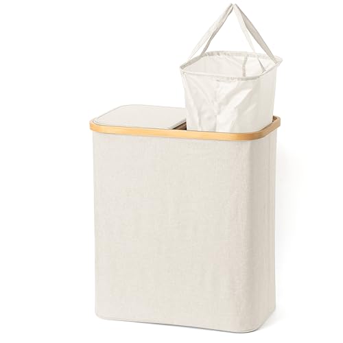 Panier à linge 110 L crème – Corbeille à linge pliable avec 2 compartiments, sacs amovibles avec poignées et couvercle – Pour salle de bain, buanderie, chambre et salon