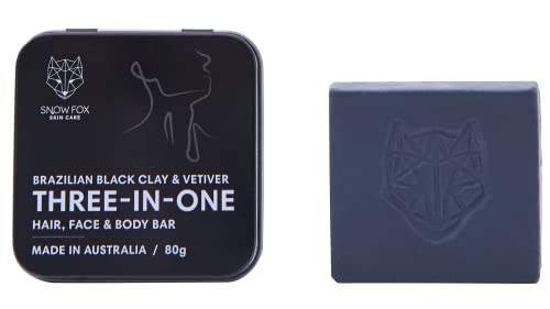 Snow Fox Skincare Three-In-One Hair, Face & Body Bar - With Vetiver Root Oil, Kakadu Plum, Sandalwood and Brazilian Black Clay to hydrate, clarify and soften skin, hair and even beards. Suitable for all skin types