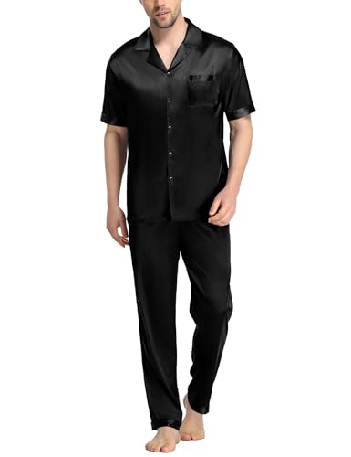 Image of SWOMOG Mens Satin Pajama Set Short Sleeve Classic Sleepwear Button Down Silky Loungewear with Long Pants Solid Black Medium