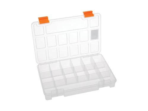 Perel Caja de almacenamiento, 15 compartimentos fijos y apilables, 230 x 150 x 33 mm, transparente/naranja