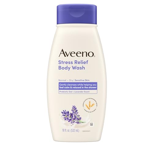 Aveeno Stress Relief Body Wash with Nourishing Oat & Lavender Scent for Sensitive Skin, Gently Cleanses & Helps You Feel Calm & Relaxed in the Shower, Soap-Free, 18 fl. oz