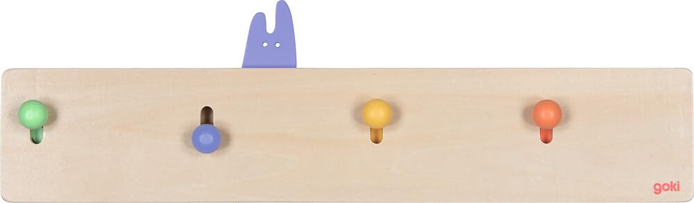 goki 60834 - Garderobe Kuckulino, Kinder-Garderobe mit 4 Kleiderhaken und niedlichen Pop-Up Tiermotiven, aus Holz - Kinder-Garderobenleiste mit Funktion