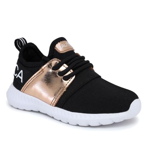 Nautica Youth Girls Athletic Fashion Lace Up Tennis Sneakers-Kappil Metallic-Rose Gold Black Size-5 thumb #1