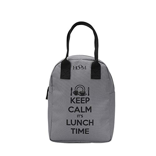 Image of HOOM Insulated Lunch Bag for Office Men, Women and Kids, Leak Proof Water Resistant Polyester Made Lunch Tiffin Bag with Quotes (Grey Keep Calm It's Lunch Time N3)