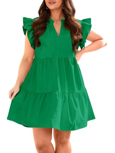 Fisoew Plus Size Dresses for Women Summer Ruffle Short Sleeve V Neck Dress Tiered Swing A Line Babydoll Mini Dress Green