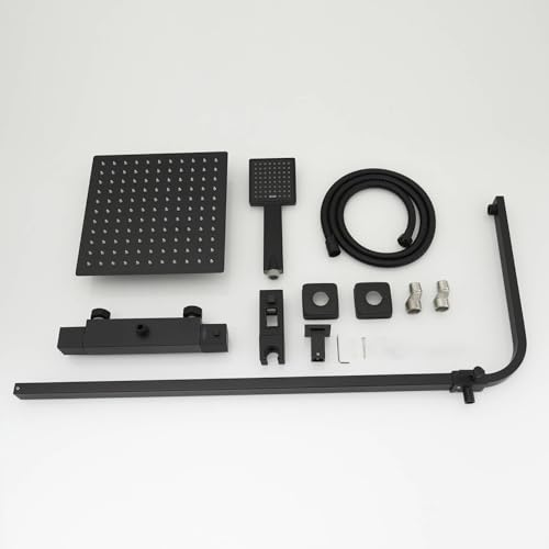 Sistema de ducha expuesta BWE Negro, cabezal de lluvia de 10 pulgadas y ducha de mano, latón | Cabezal de ducha de lluvia de 10 pulgadas, ducha de mano, divisor dual, latón macizo, negro mate, montaje en pared, instalación DIY miniatura 7